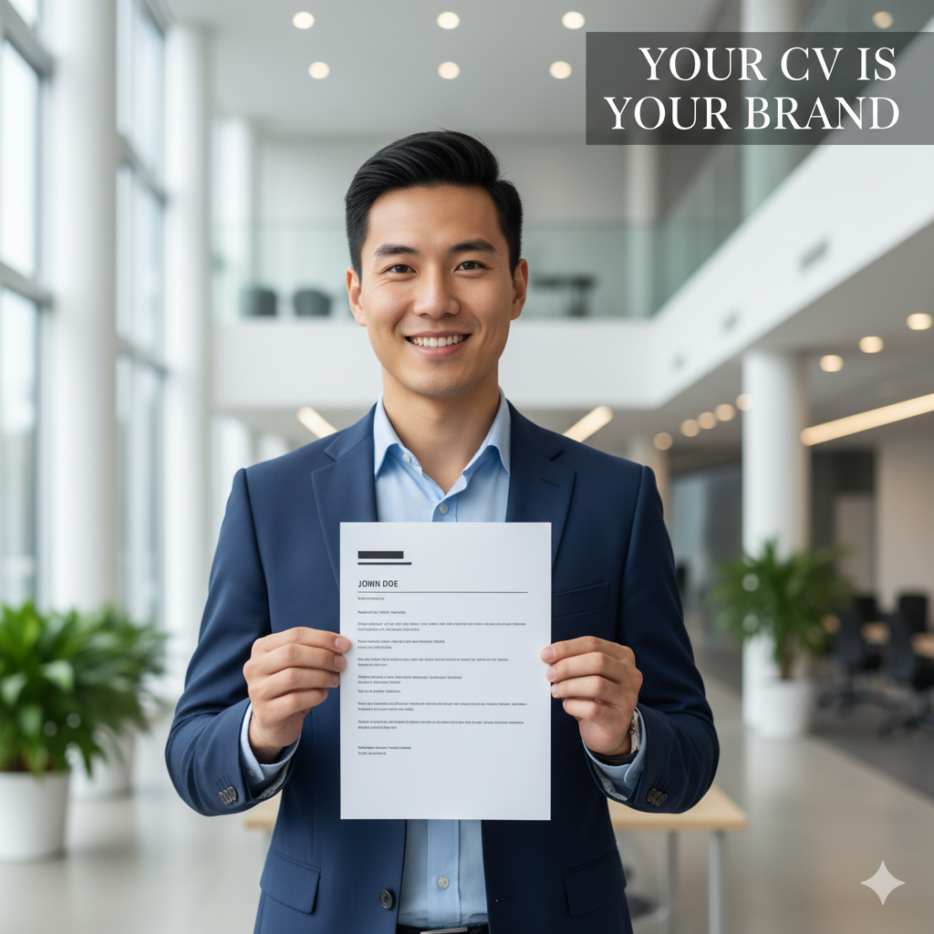 “Confident job seeker holding a professional resume with text overlay ‘Your CV is Your Brand’ — modern career motivation.” by artisan anthology