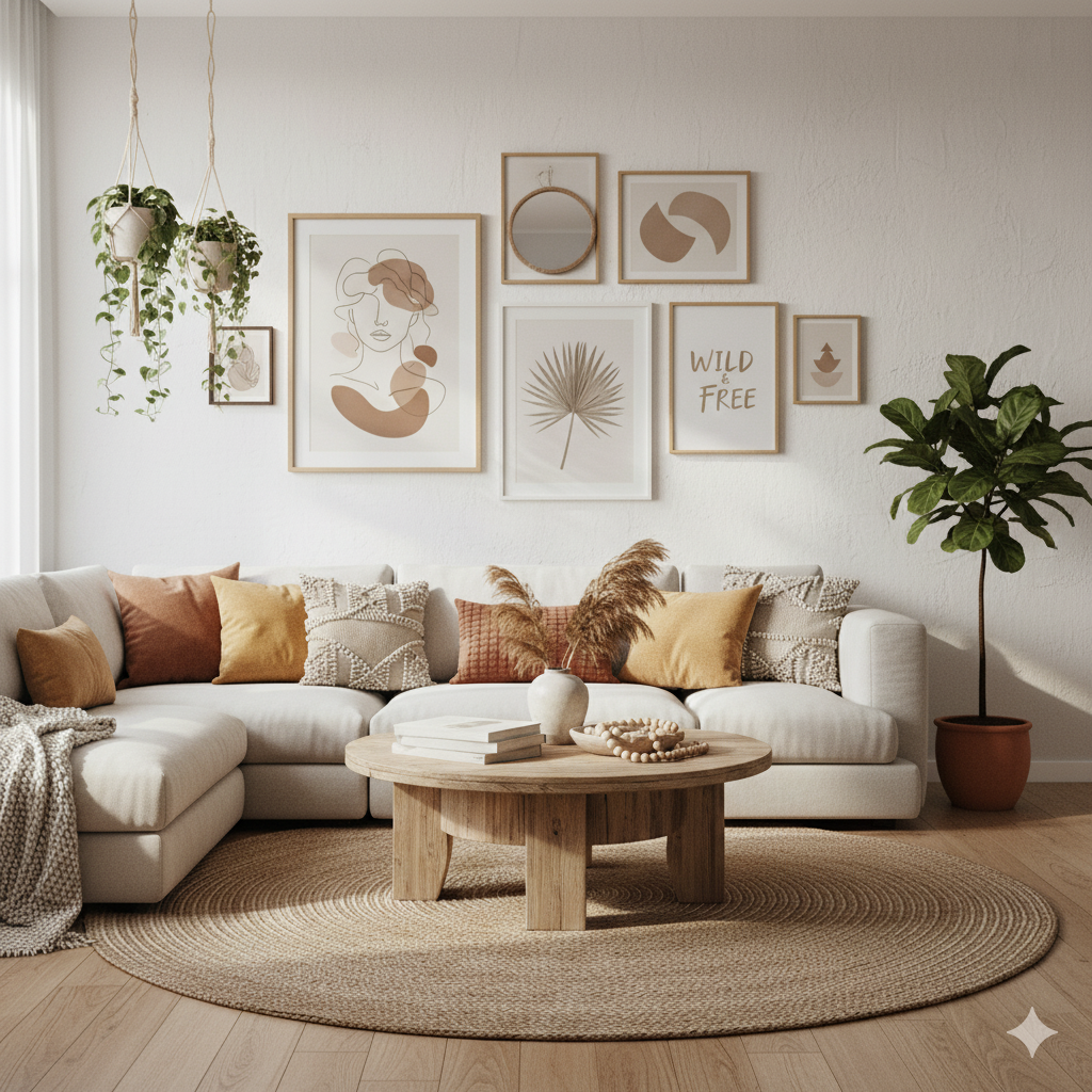 Cozy boho living room decorated with mixed wall art frames and greenery by artisan anthology