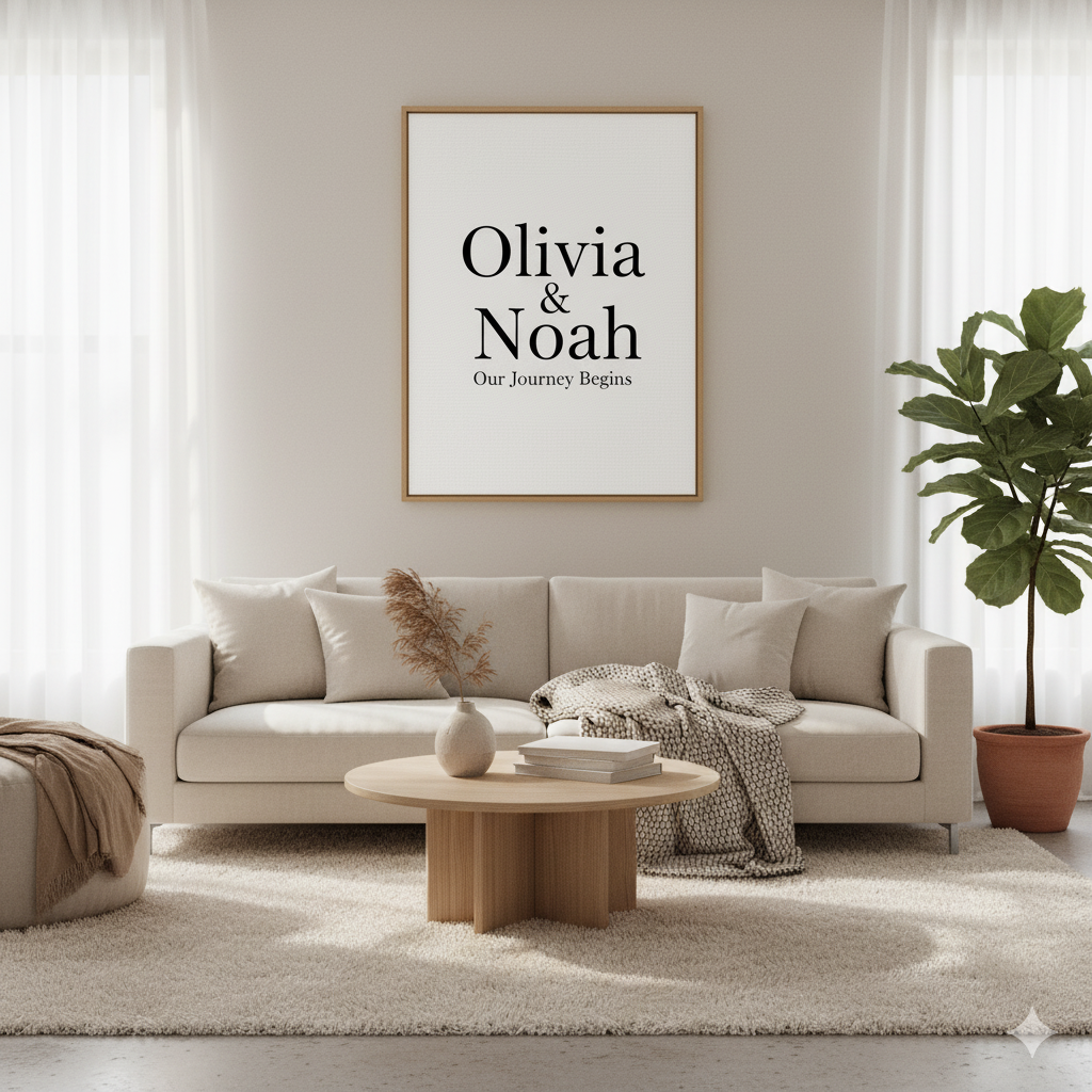 “Custom name wall art printable displayed in modern living room — minimalist personalized home décor idea.” by artisan anthology