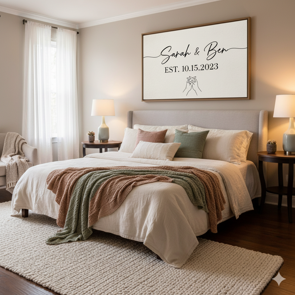 Custom name wedding wall art print on bedroom wall. by artisan anthology