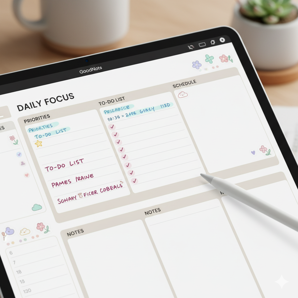 Daily planner layout in GoodNotes with pastel stickers. by artisan anthology