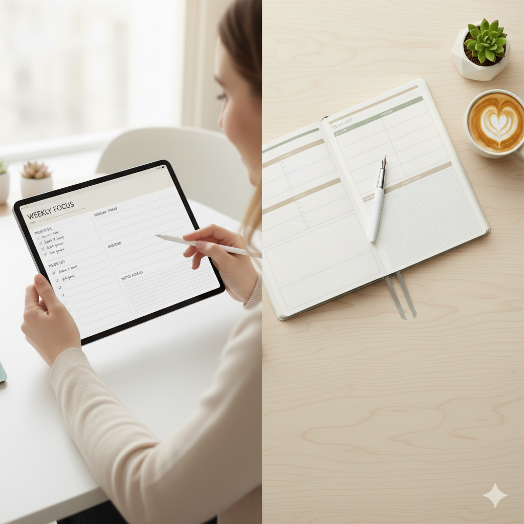 โDigital planner vs paper planner comparison imageโ by artisan anthology