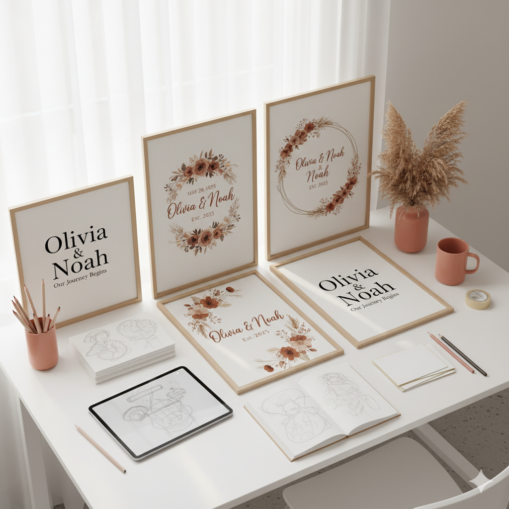 “Digital printable personalized wall art flatlay — wedding, anniversary, and home décor designs.” by artisan anthology