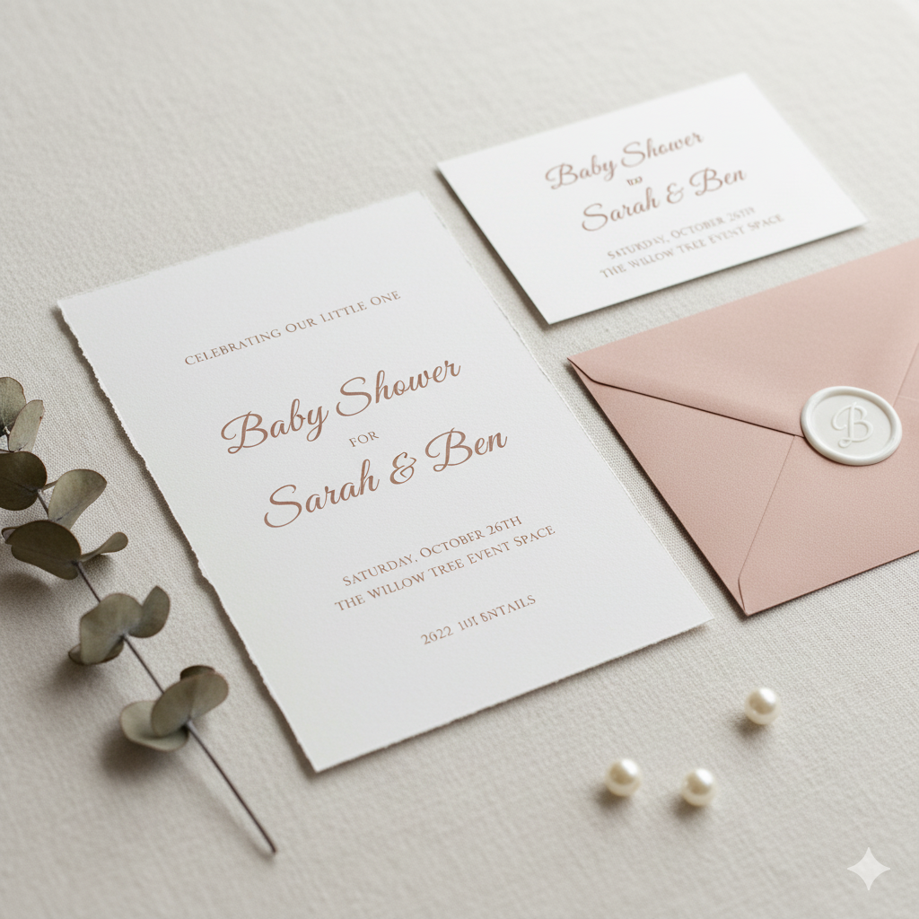 Minimalist baby shower invitation wording and elegant typography. by artisan anthology