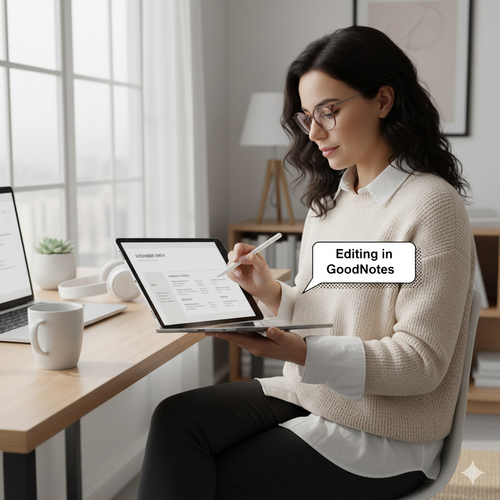 Editing ATS-friendly CV template on iPad with GoodNotes for job applications by artisan anthology