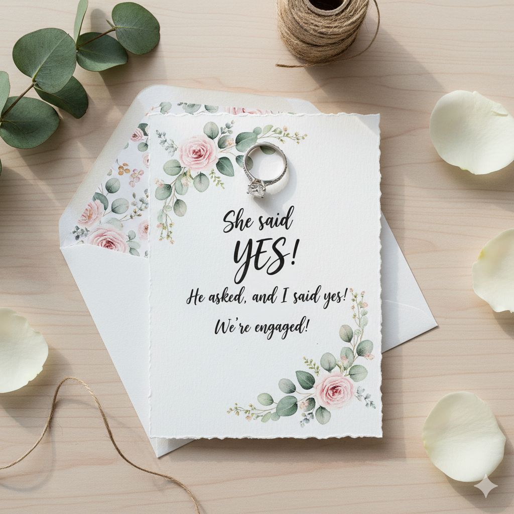 Engagement card with elegant handwritten font and decorative floral elements by artisan anthology