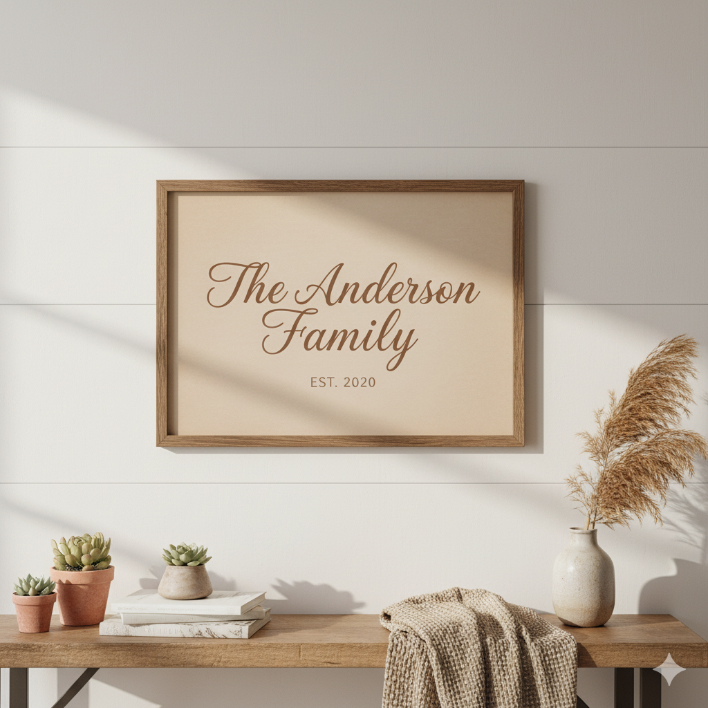 “Family name sign wall art — rustic personalized print with established year for home décor.” by artisan anthology