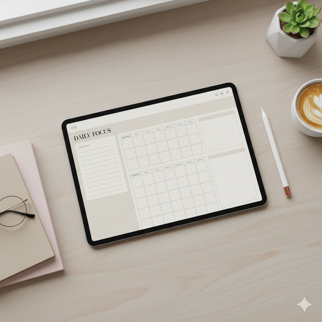 Digital planner on iPad workspace with stylus and coffee cup. by artisan anthology