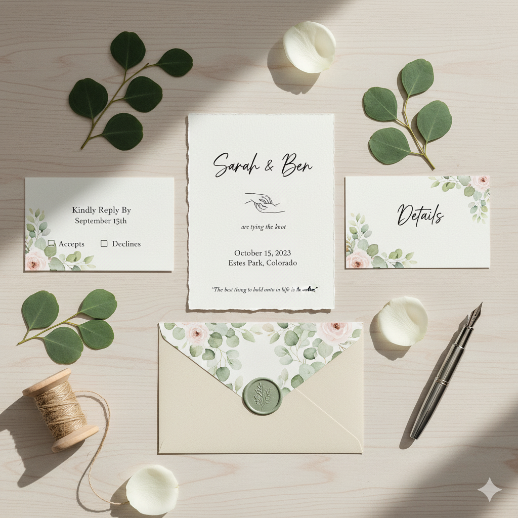 Flat lay of wedding invitation, envelope, and flower decoration on neutral background by artisan anthology