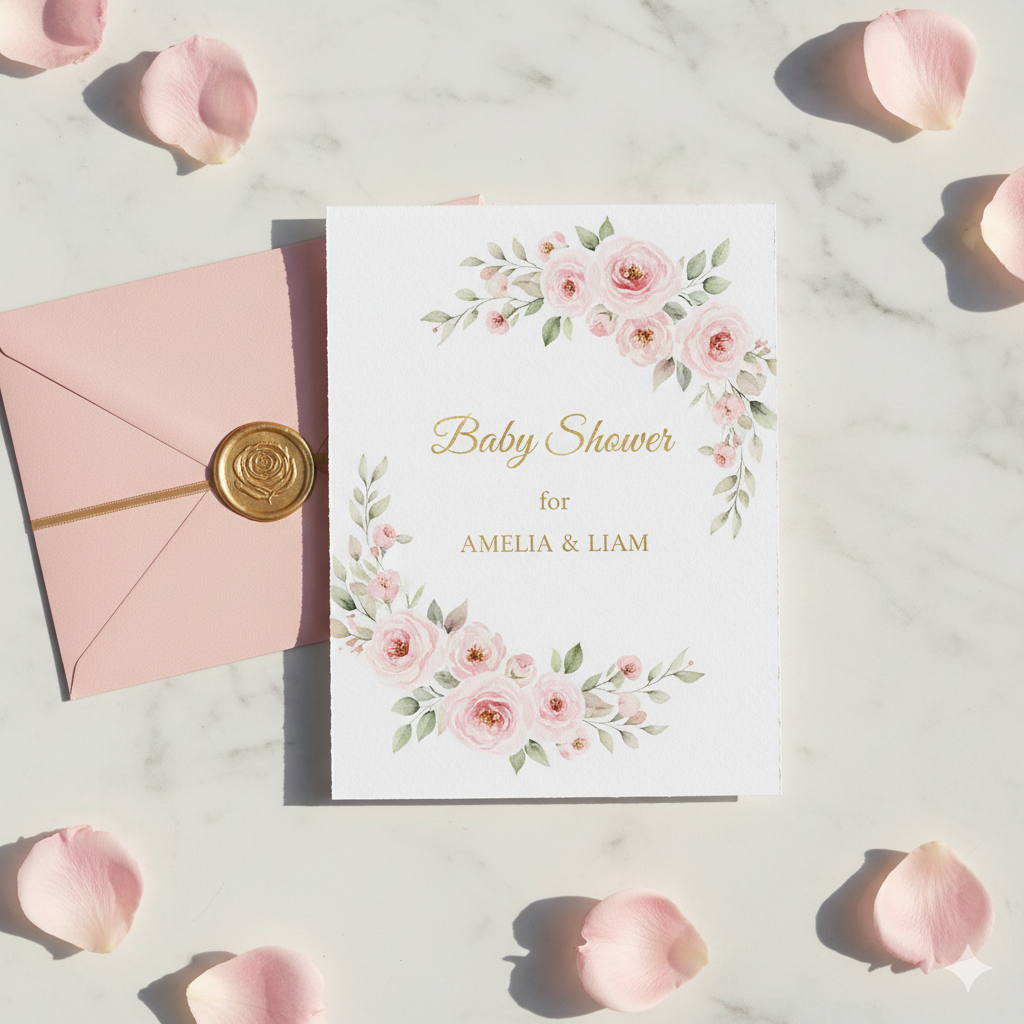 “Floral baby shower invitation design for girls with pink flowers and gold lettering.” by artisan anthology