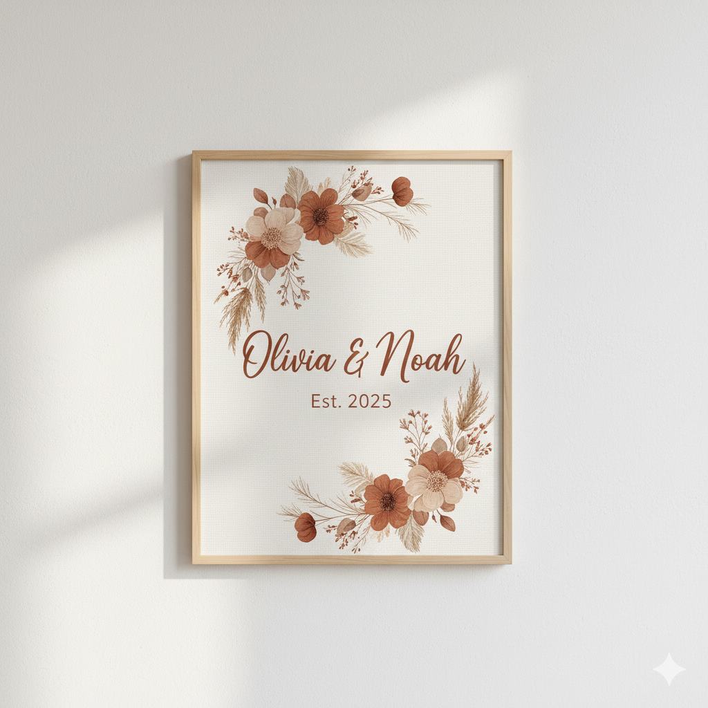 “Floral boho personalized wall art print — botanical home décor gift idea.” by artisan anthology
