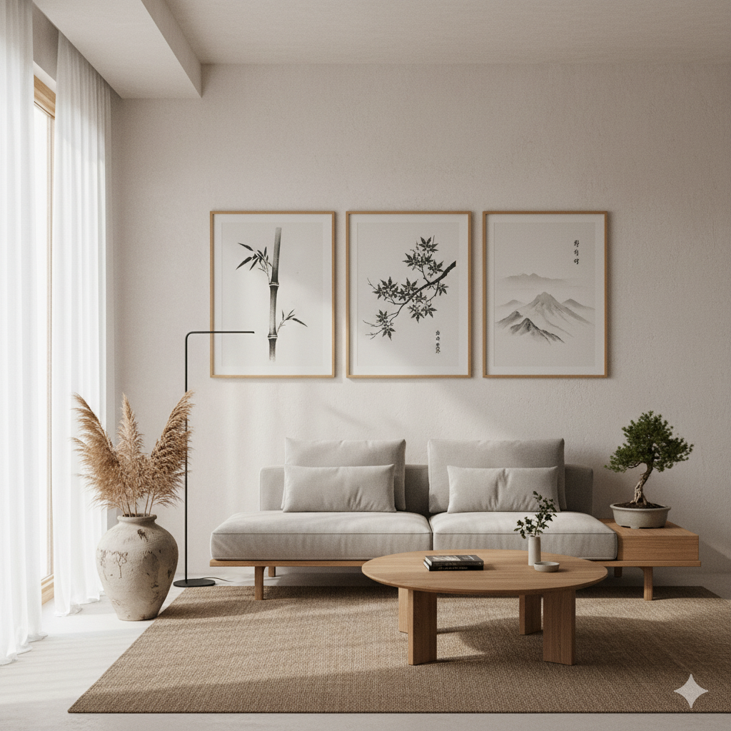 “Boho gallery wall with mixed art prints and wooden frames” by artisan anthology