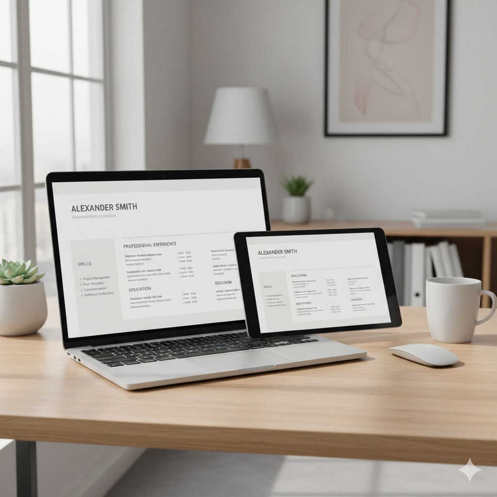 Minimalist ATS-friendly CV template 2025 for interviews on laptop and tablet by artisan anthology
