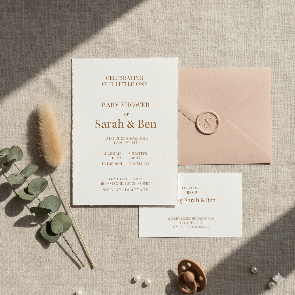 “Minimalist baby shower invitation design with pampas grass and elegant fonts.” by artisan anthology