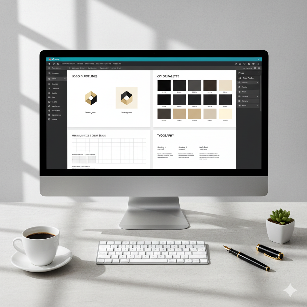 “Minimalist brand book layout showing logo, fonts, and brand colors for small business” by artisan anthology