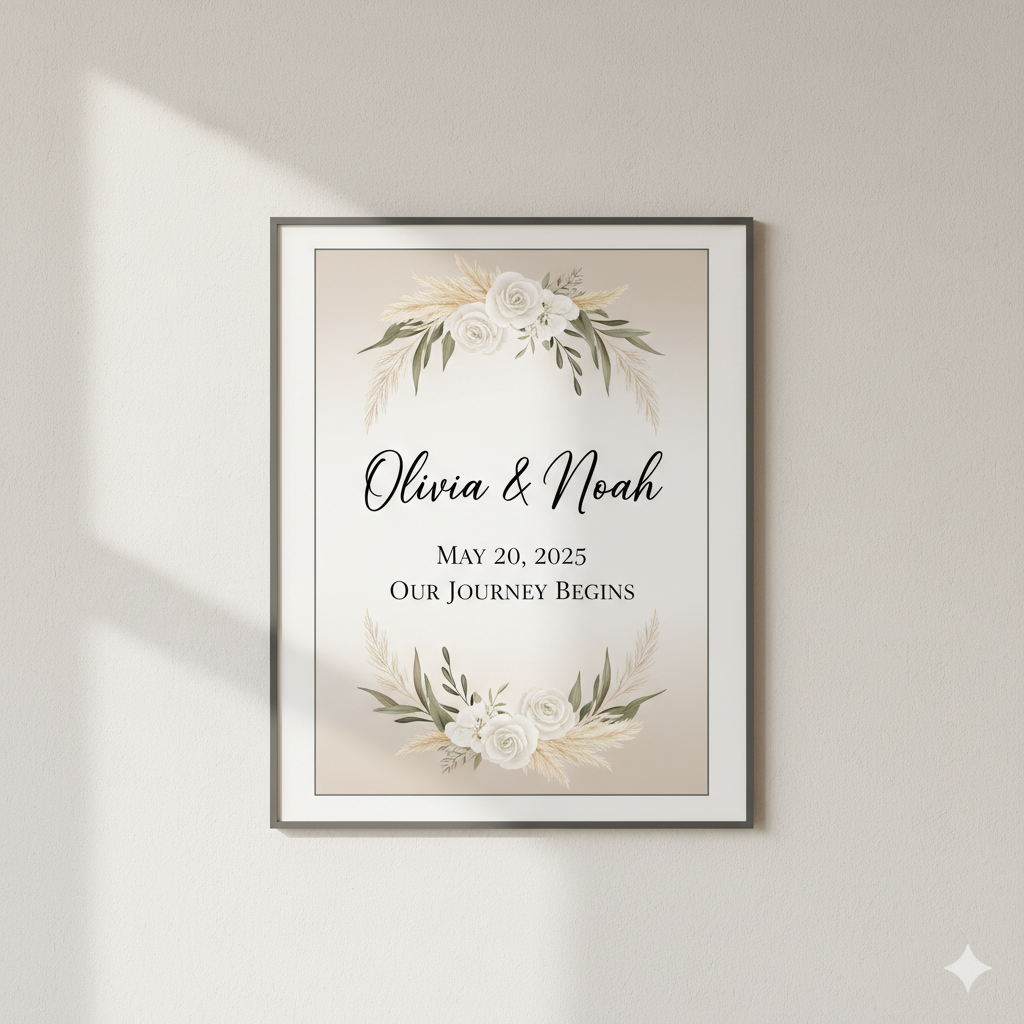 “Minimalist personalized wedding date wall art in boho chic style — custom name and date printable for anniversary or wedding gift.” by artisan anthology