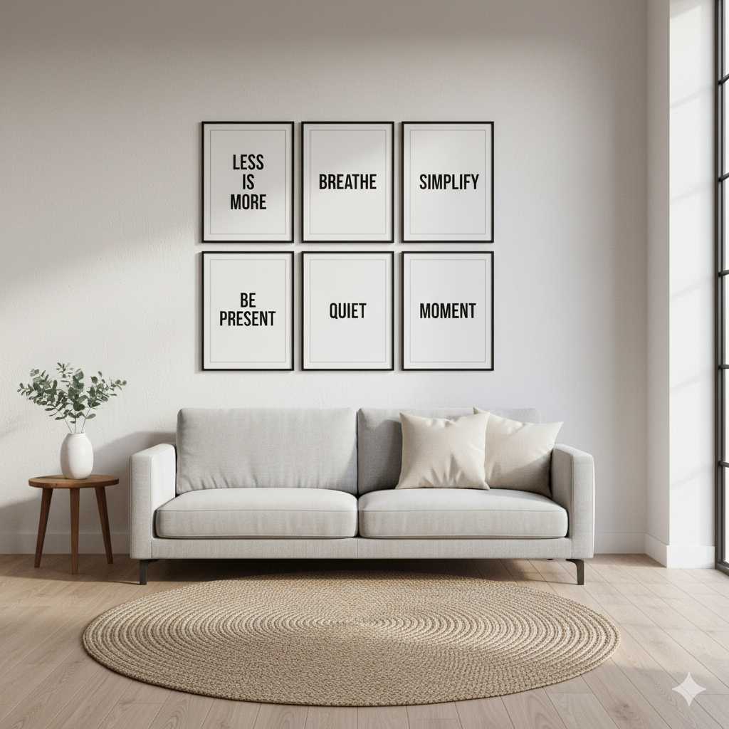 Minimalist typography gallery wall decor in living room by artisan anthology
