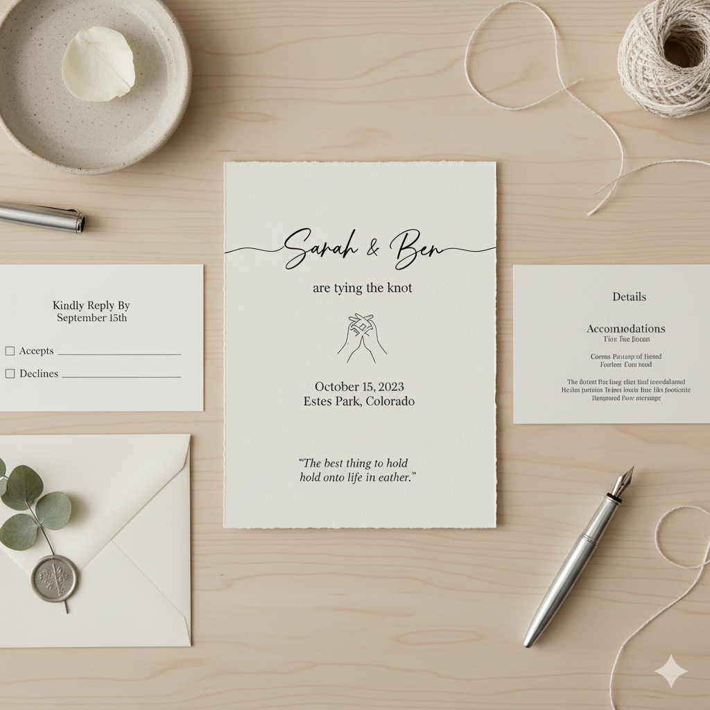 Minimalist typography wedding invitation with romantic quote in blush and gold colors by artisan anthology