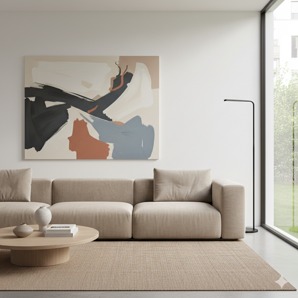 “Minimalist wall art above sofa in neutral living room” by artisan anthology
