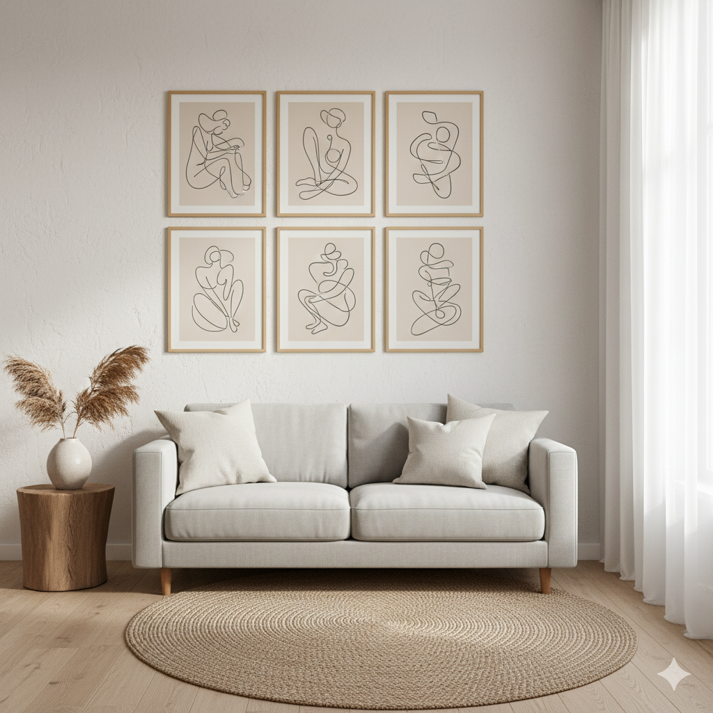 Minimalist wall art gallery in a modern living room with neutral beige decor by artisan anthology