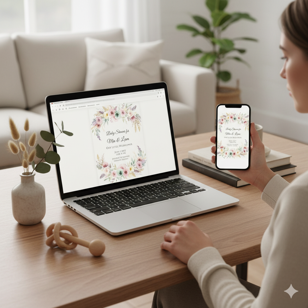 “Modern digital baby shower invitation on mobile and desktop.” by artisan anthology