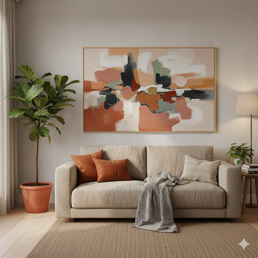 “Modern living room with large abstract wall art and cozy decor” by artisan anthology