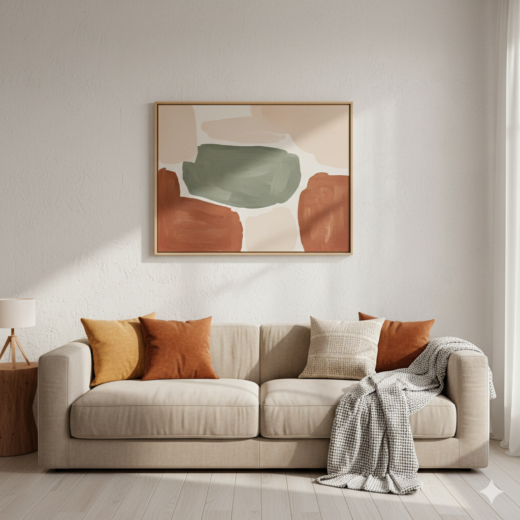 Modern neutral wall art framed above a beige sofa in living room by artisan anthology
