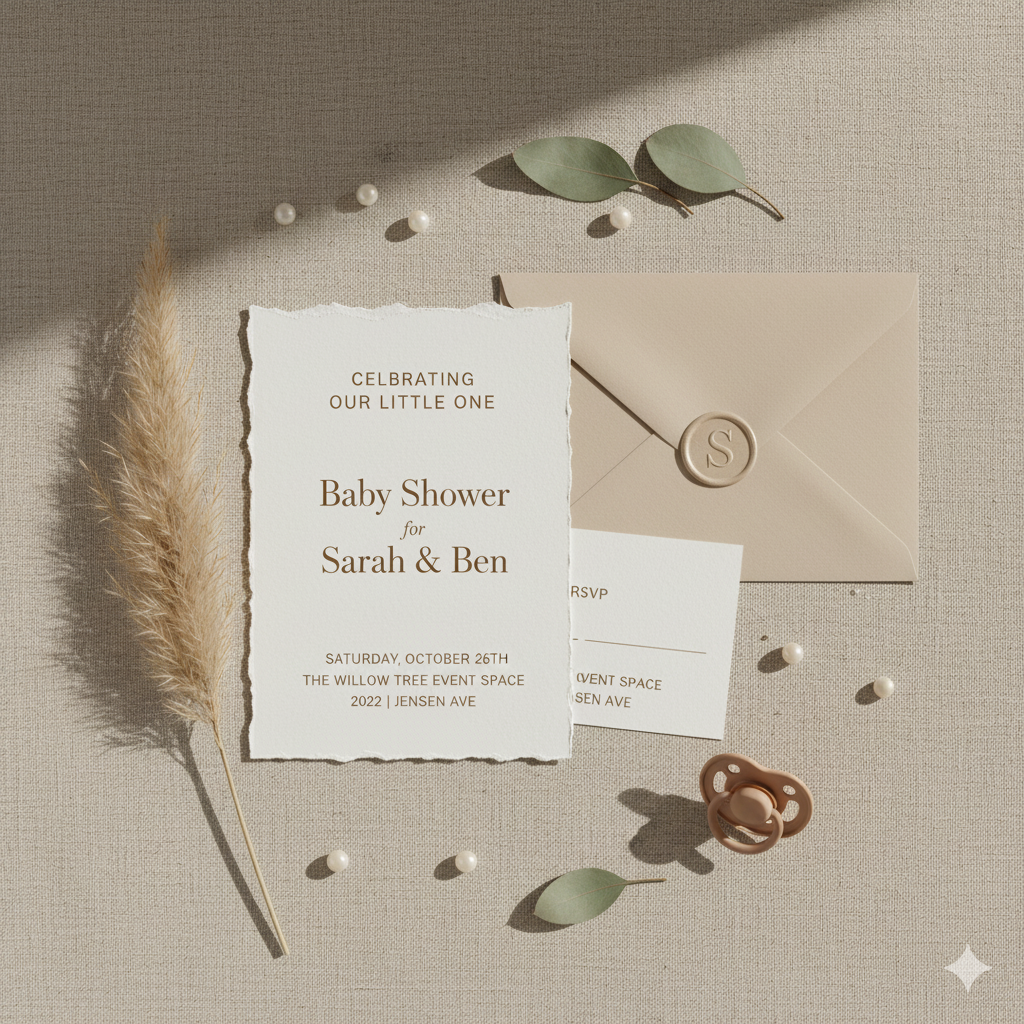“Neutral minimalist baby shower invitation flat lay on beige background.” by artisan anthology