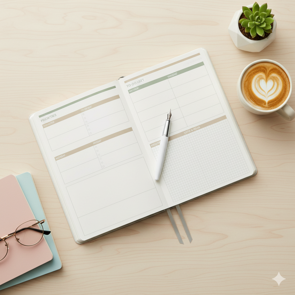 “Paper planner flat lay with pen and coffee cup” by artisan anthology