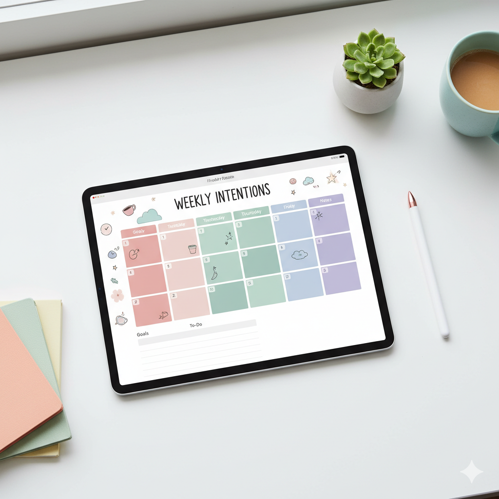 “Pastel digital planner for iPad on desk flat lay” by artisan anthology