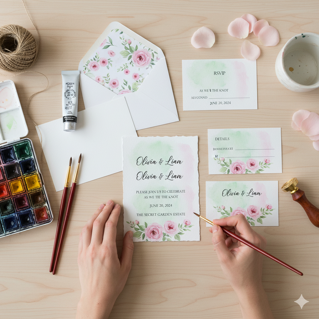 Personalized engagement card with handwritten calligraphy and decorative floral elements by artisan anthology