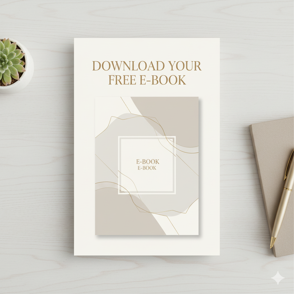 Pinterest e-book mockup in beige and gold tones promoting digital e-book download. by artisan anthology