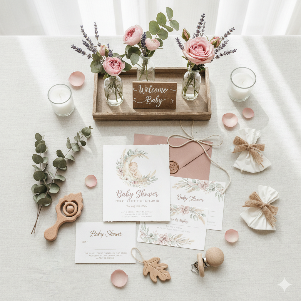 Printed baby shower invitation cards on decorated table setup.