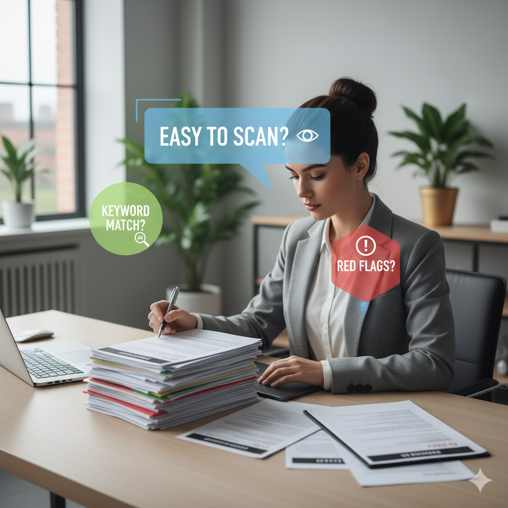 “Recruiter reading resumes with thought bubbles showing what they actually look for in a CV — scanning for keywords, clarity, and achievements.” by artisan anthology