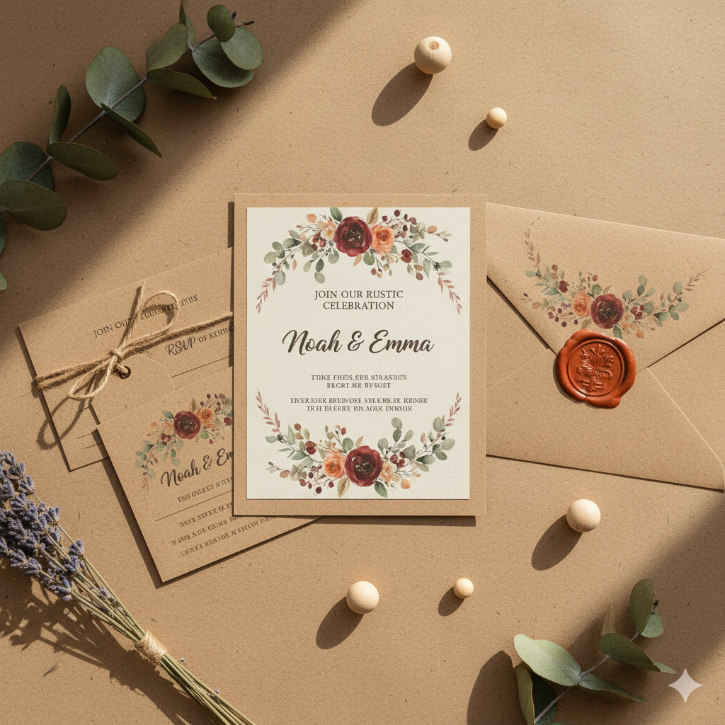 “Rustic baby shower invitation with floral wreath design.”