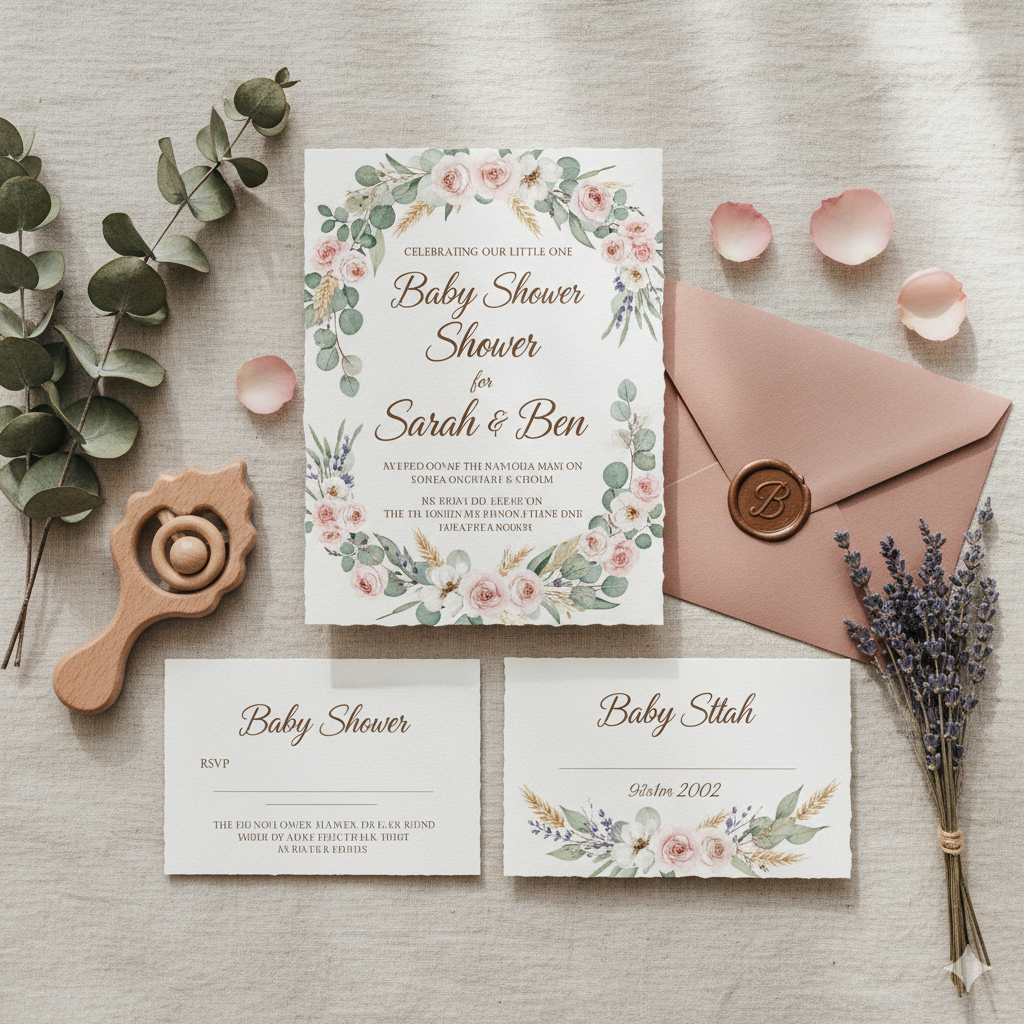 Rustic floral baby shower invitation with elegant script typography. by artisan anthology