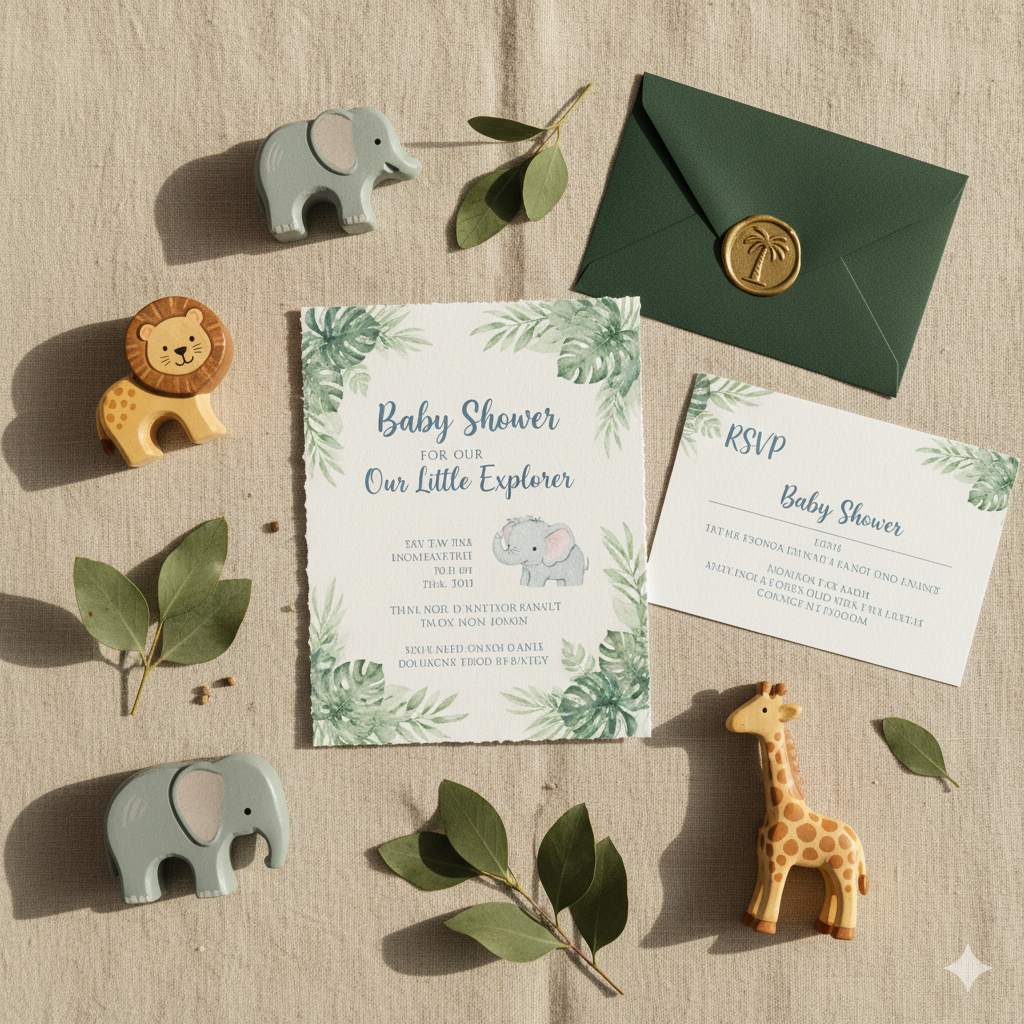 “Baby shower invitation card with a safari animal theme (lion, elephant, giraffe), soft blue and green colors, flatlay with leaves and toy animals.” by artisan anthology