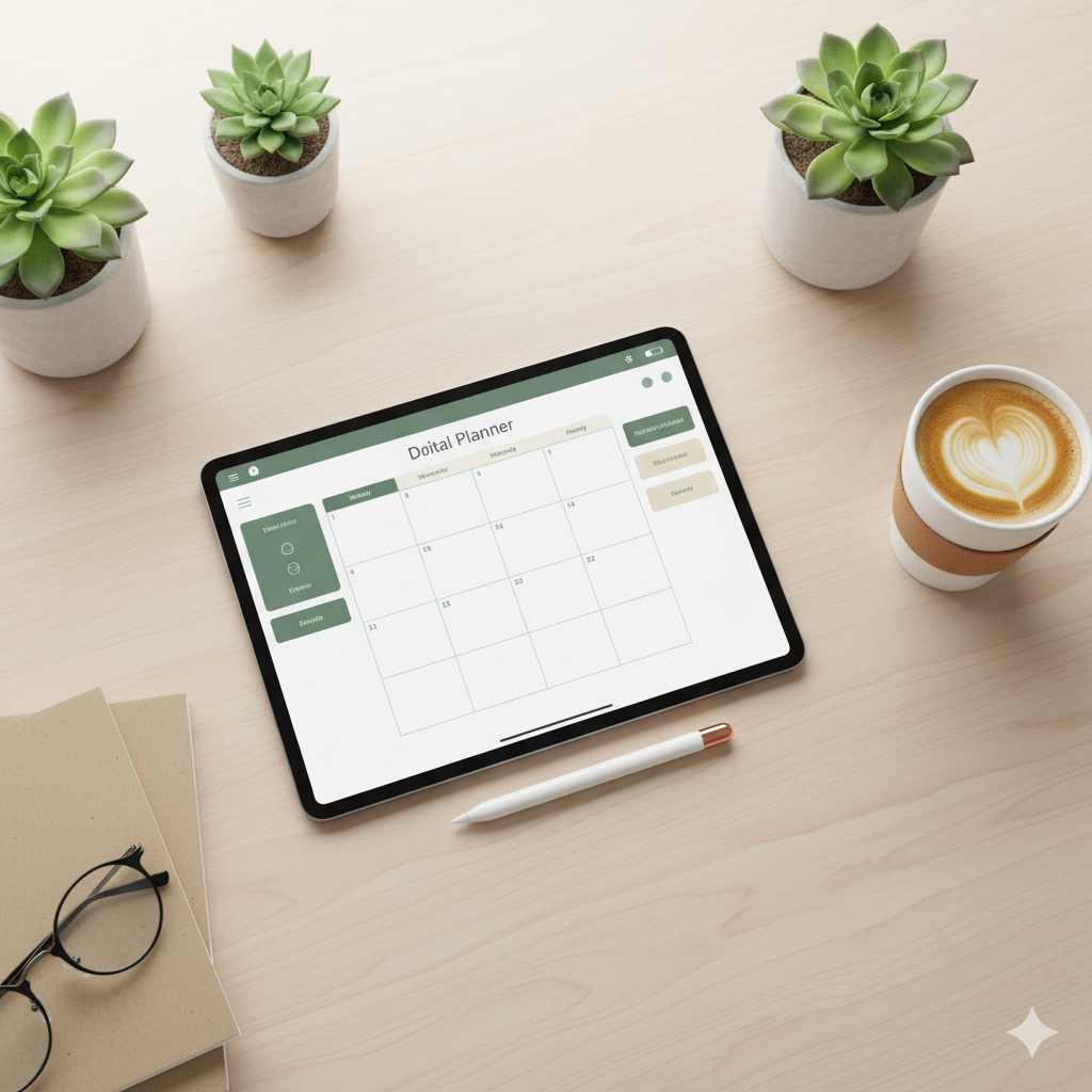 Sustainable workspace featuring digital planner and plants. by artisan anthology