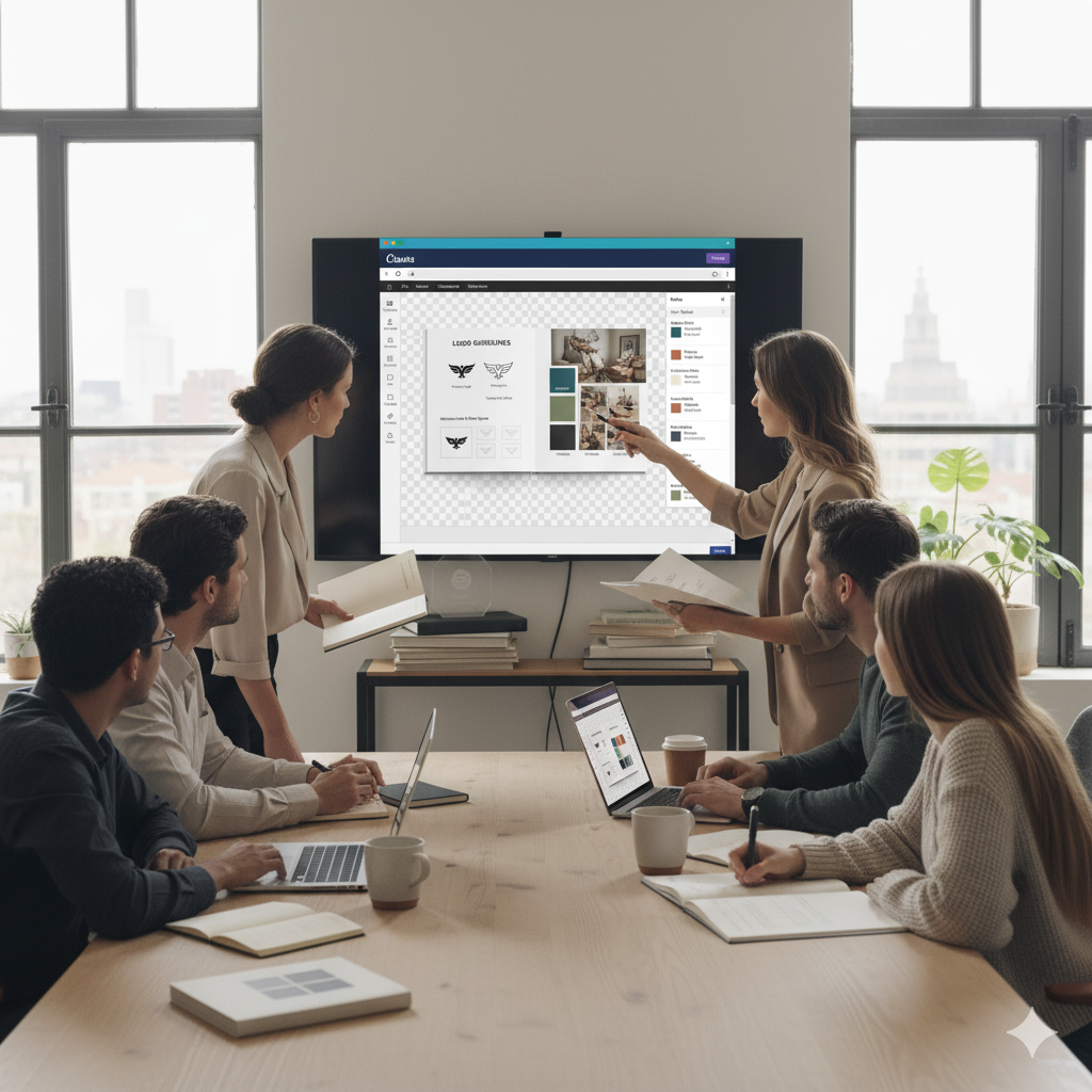 “Team discussing brand identity and guidelines during a meeting” by artisan anthology