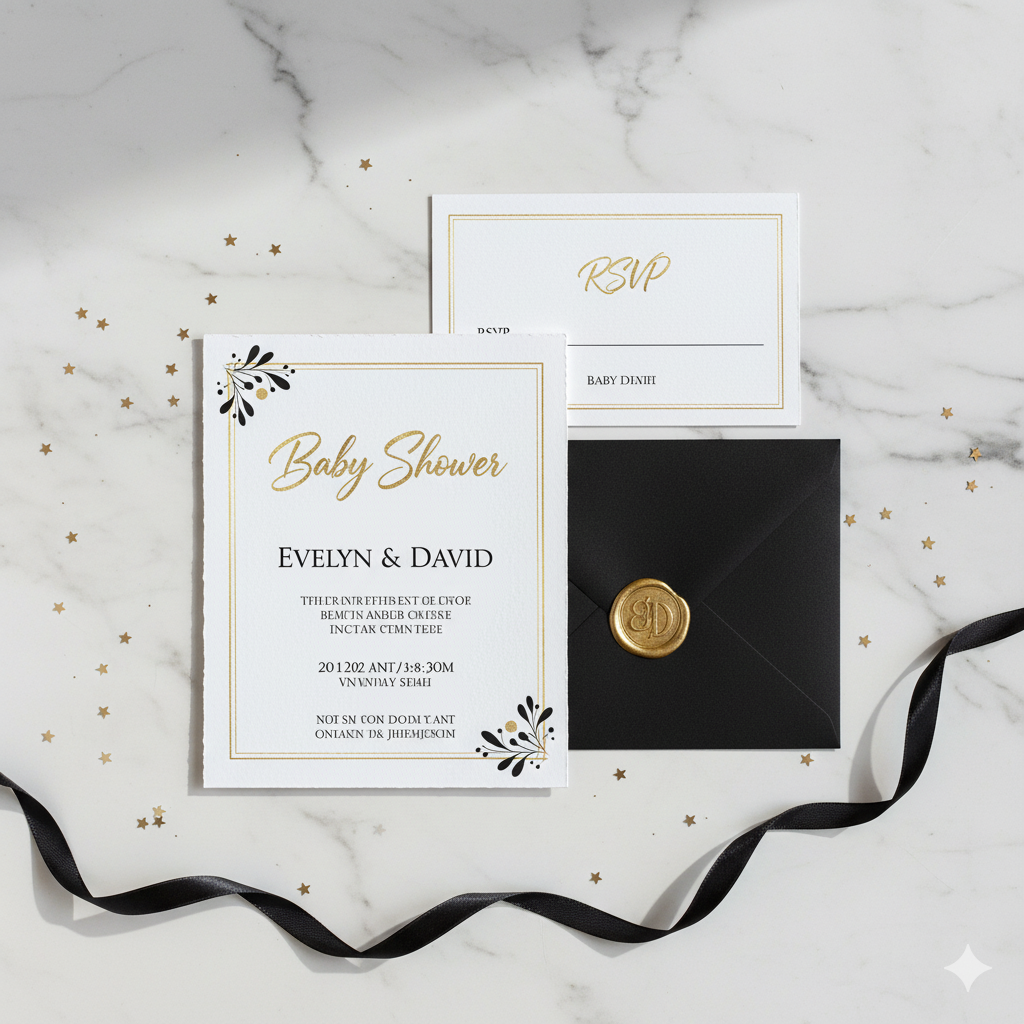 modern elegant baby shower invitation in black and gold by artisan anthology