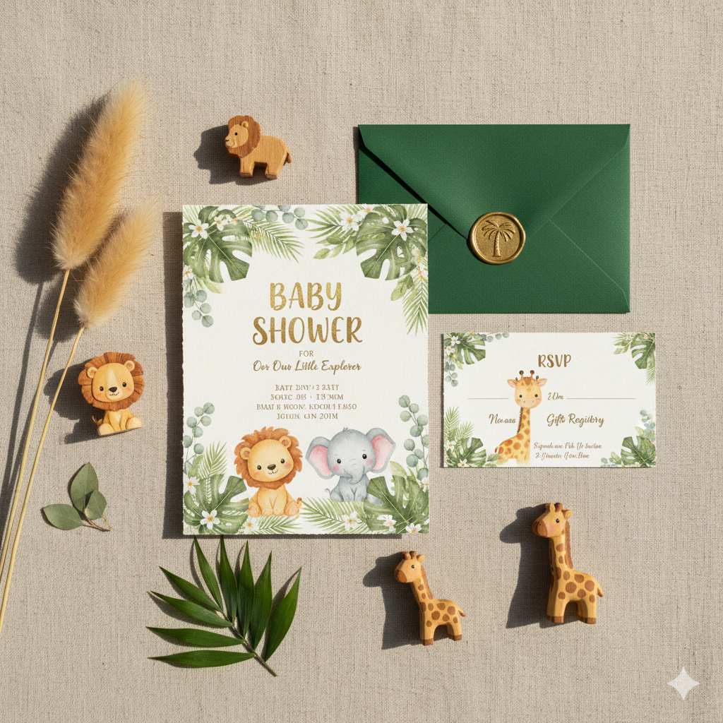 safari baby shower invitation with cute animal illustrations and greenery by artisan anthology