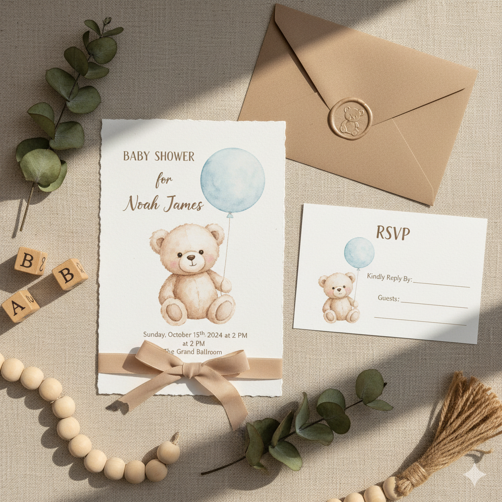 teddy bear baby shower invitation design in watercolor style by artisan anthology