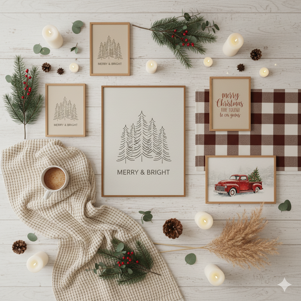 Aesthetic Christmas home décor moodboard with minimalist and cozy wall art.by artisan anthology