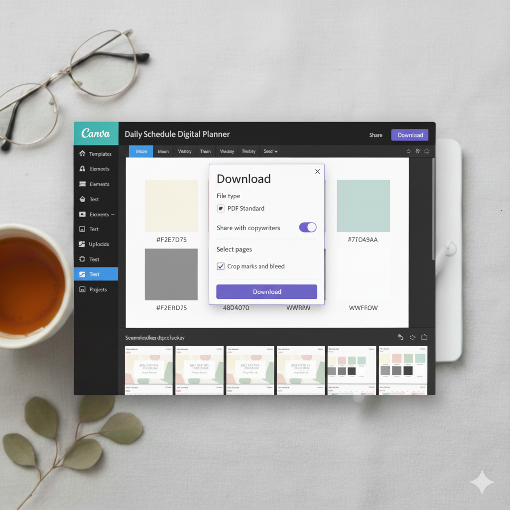“Canva PDF export settings for digital planner with hyperlink option selected”by artisan anthology