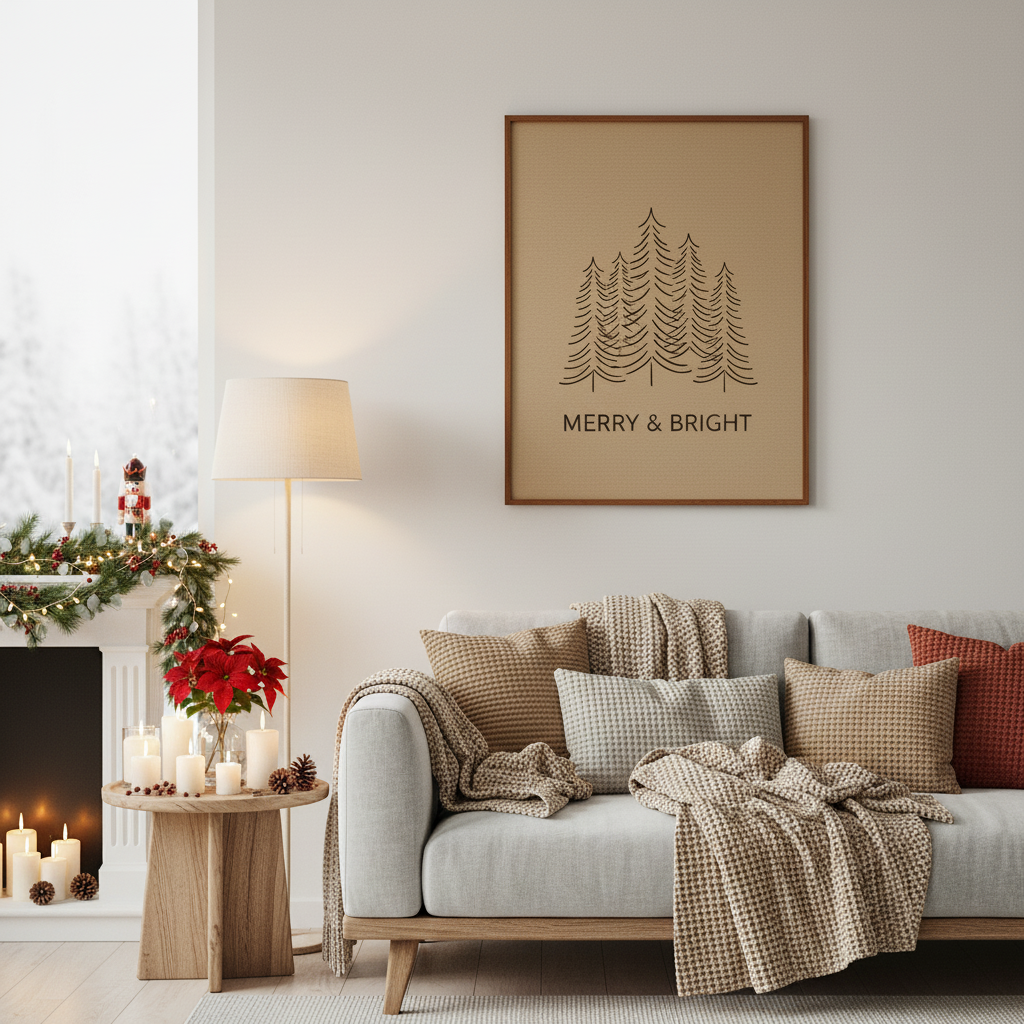 Cozy Christmas home décor with warm-toned wall art and holiday accents.by artisan anthology
