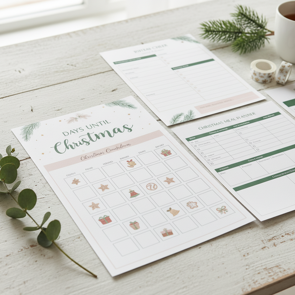 “Cute Christmas countdown printable with festive illustrations and daily countdown boxes”by artisan anthology