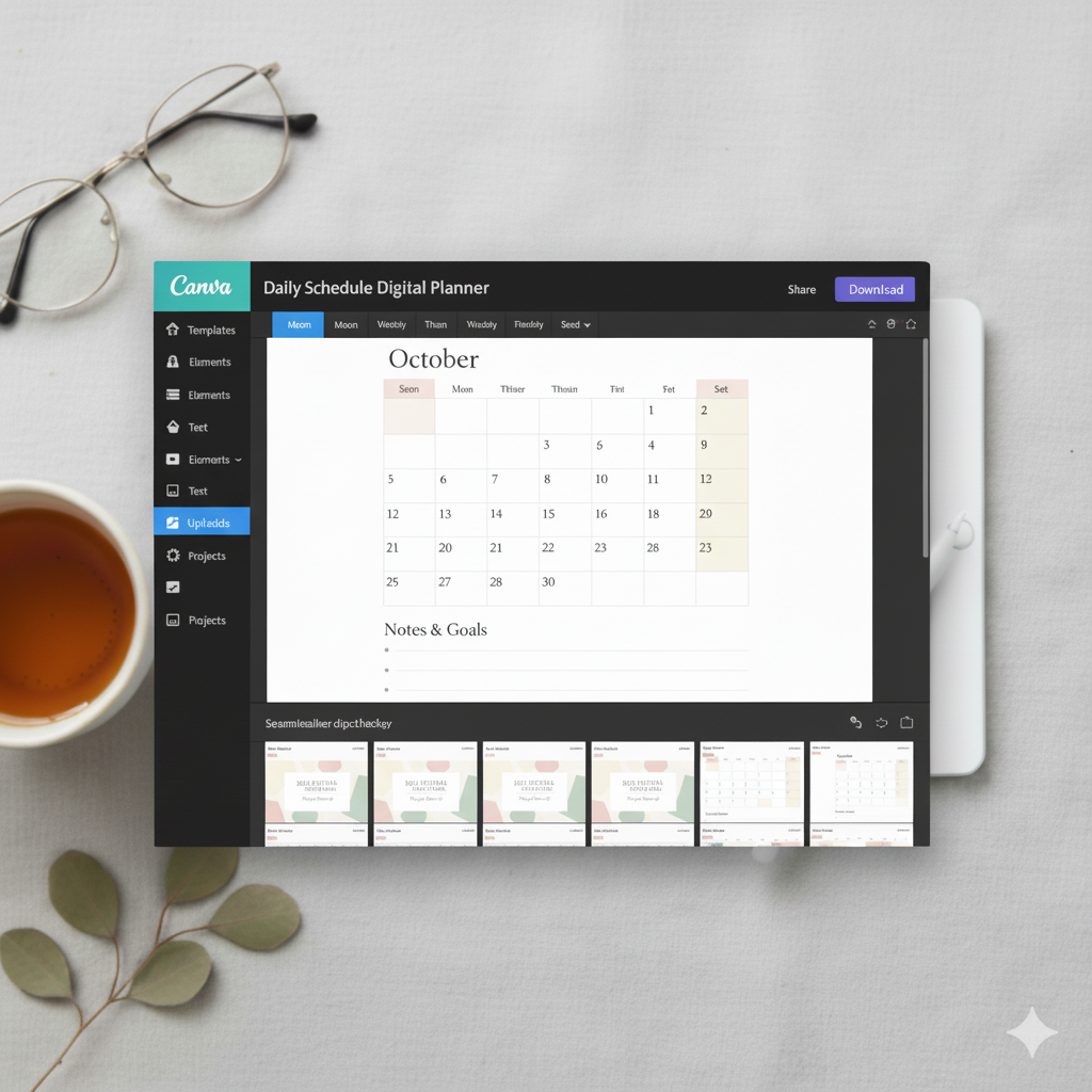 “Digital planner layout design in Canva with organized monthly overview and to-do list”by artisan anthology