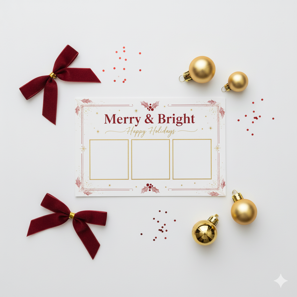 Editable digital Christmas card template with modern holiday design and photo space.by artisan anthology