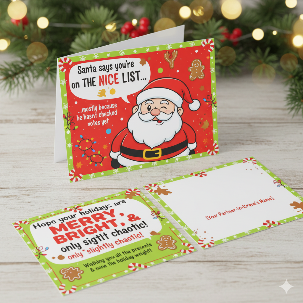 Funny Christmas card template with humorous holiday designs and witty sayings.by artisan anthology