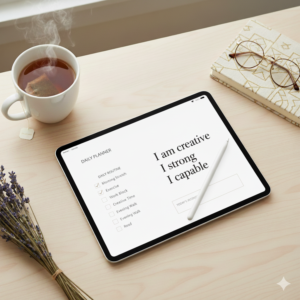 Morning routine using digital planner for productivity” by artisan anthology